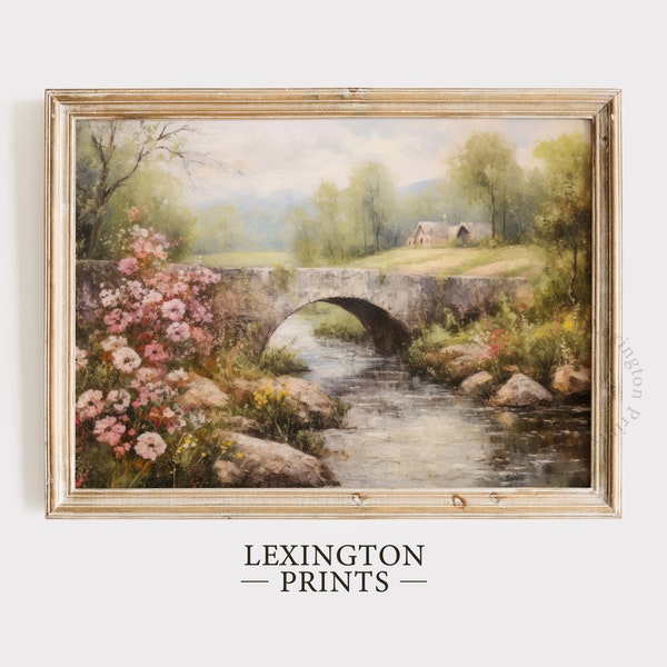 Spring Bridge Spring Landscape Print, Farmhouse Print Spring Decor, Vintage Oil Painting Spring Print, River Wall Art, Wildflower Art 582