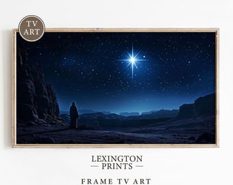 May include: A digital art print of a lone figure standing in a desert landscape, gazing up at a bright star in a dark blue night sky. The star is the North Star, a symbol of hope and guidance.