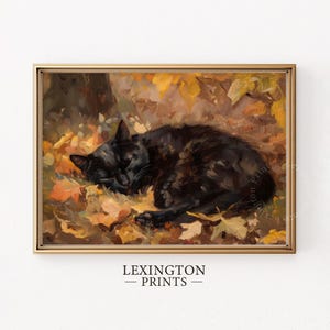 眠っている黒猫のプリント、秋のプリント可能な壁アート、ハロウィンプリントの黒猫の絵画、ヴィンテージの秋の装飾秋の壁アート猫好きへのギフト 774