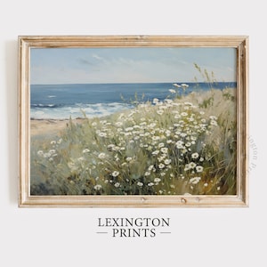 Summer Printable Wildflower Field Landscape Painting, Vintage Beach Print Coastal Print Spring Print, Farmhouse Wall Art Floral Art Sea 673