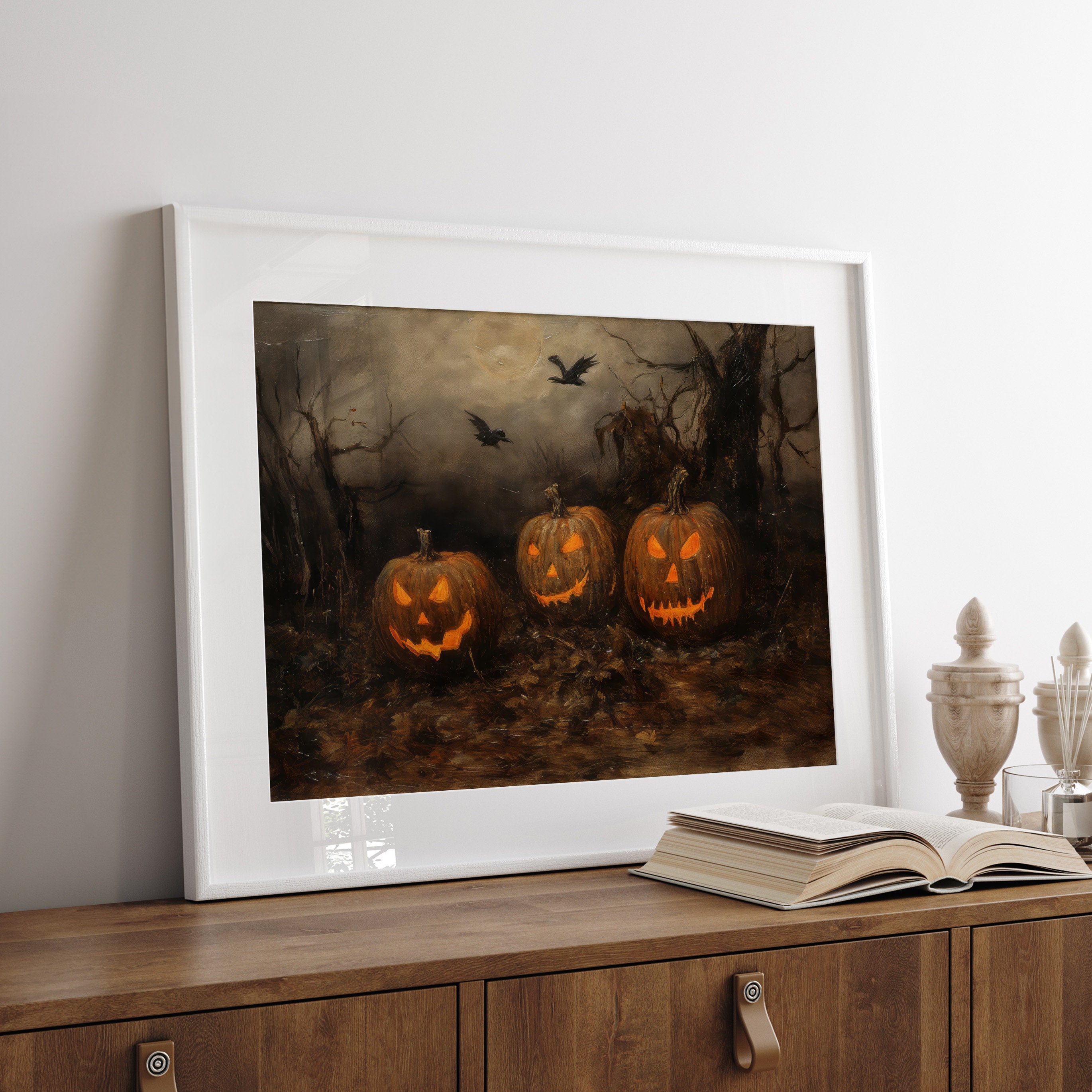 Vintage Halloween Decor Jack O Lantern Wall Art Pumpkin Painting Rustic ...