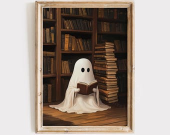 Library Ghost Print Halloween Printable Wall Art, Ghost Reading Print Halloween Print, Dark Academia Decor Vintage Library Book Decor 765