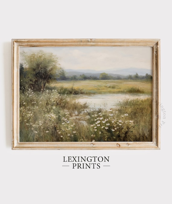 Spring Printable Wildflower Field Landscape Painting, Spring Print Vintage Farmhouse Print Neutral Wall Art Spring Art Digital Download 606