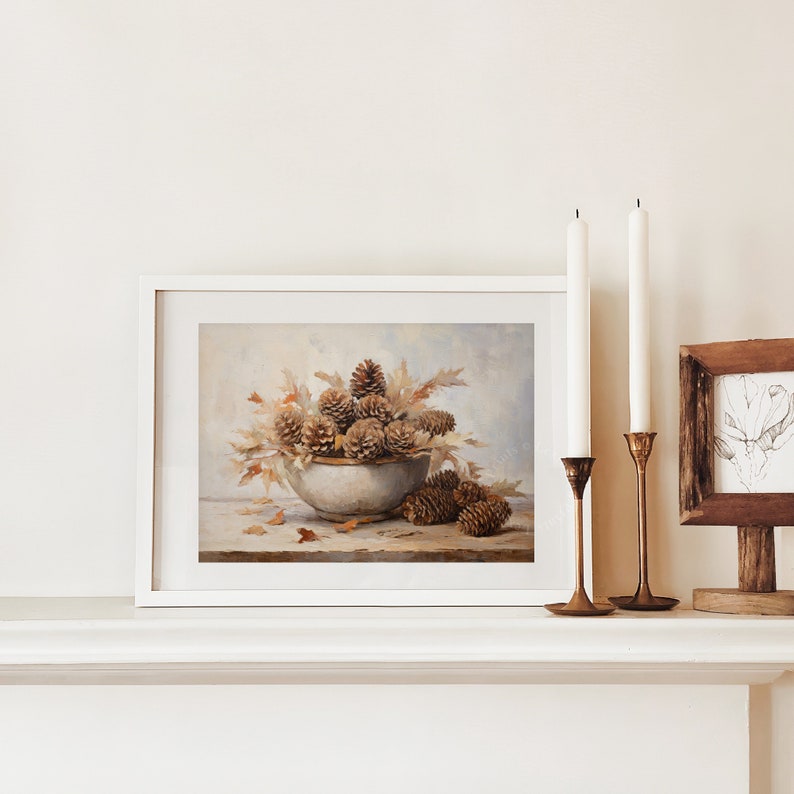 Fall Vintage fall pinecone decor painting oil painting art print displayed in an antique frame against a white background. The painting features intricate brushwork and colors. The shop name Lexington Prints is written out beneath the wall art frame