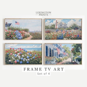 May include: Set of four framed prints featuring coastal scenes with red, white, and blue flowers, houses, and flags. The prints are titled "FRAME TV ART Set of 4".