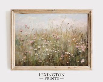 Printable Wildflower Field Landscape Vintage Painting, Pink Spring Print Farmhouse Print Neutral Wall Art Spring Art Digital Download 573