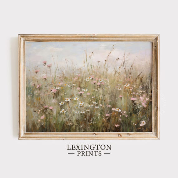 Printable Wildflower Field Landscape Vintage Painting, Pink Spring Print Farmhouse Print Neutral Wall Art Spring Art Digital Download 573