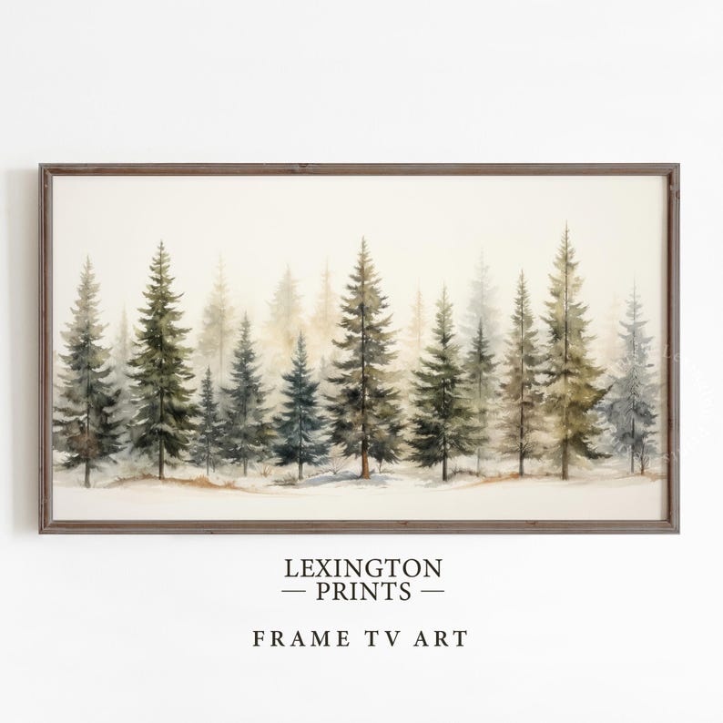 Vintage winter Christmas tree forest wall art Christmas Frame TV art for Samsung Frame TV. This Christmas wall art decor is meant to be displayed in a Frame TV. The shop name Lexington Prints is listed below the frame where the art mockup is.