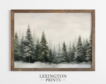 Könnte beinhalten: Ein gerahmtes Aquarellbild einer nebeligen Waldszene mit hohen immergrünen Bäumen. Das Bild hat eine weiche, gedämpfte Farbpalette und eine verträumte, ätherische Atmosphäre.