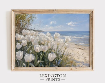 Impresión de tulipanes costeros, arte mural imprimible de verano, impresión playera, arte mural primaveral, pintura de paisaje de campo de flores silvestres, decoración oceánica y marina 1154
