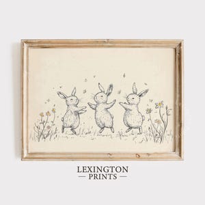 Dancing Bunny Print, Nursery PRINTABLE Wall Art, Bunny Wall Art Bunny Decor, Beige Nursery Wall Art Bunny Sketch Baby Room Art Floral 1065