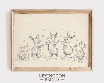 Dancing Bunny Print, Nursery PRINTABLE Wall Art, Bunny Wall Art Bunny Decor, Beige Nursery Wall Art Bunny Sketch Baby Room Art Floral 1065