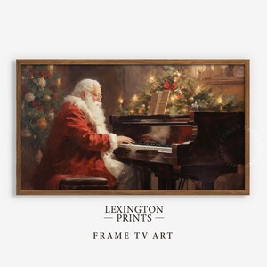 Vintage Christmas winter Santa Claus playing piano music art Frame TV art for Samsung Frame TV. This Christmas wall art decor is meant to be displayed in a Frame TV. The shop name Lexington Prints is listed below the frame where the art mockup is.