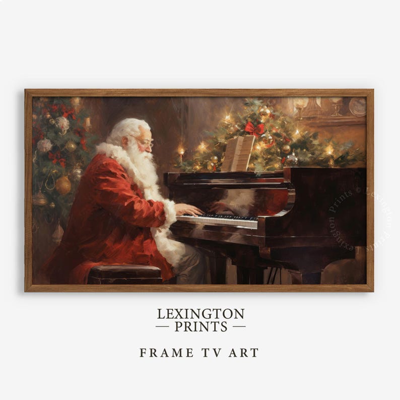 Vintage Christmas winter Santa Claus playing piano music art Frame TV art for Samsung Frame TV. This Christmas wall art decor is meant to be displayed in a Frame TV. The shop name Lexington Prints is listed below the frame where the art mockup is.