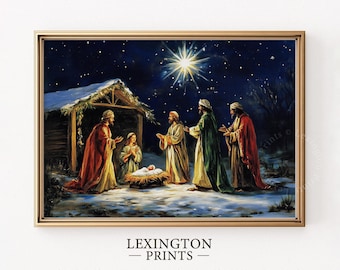 May include: A painting depicting the nativity scene with a star shining brightly in the night sky.  Three wise men are approaching the manger where baby Jesus is lying.  The scene is set in a stable with a wooden roof and a straw-filled floor.