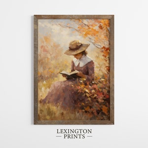 Vintage fall woman reading book fall painting oil painting art print displayed in an antique frame against a white background. The painting features intricate brushwork and colors. The shop name Lexington Prints is written out beneath the wall art.