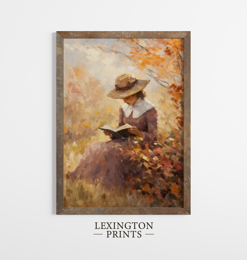 Vintage fall woman reading book fall painting oil painting art print displayed in an antique frame against a white background. The painting features intricate brushwork and colors. The shop name Lexington Prints is written out beneath the wall art.