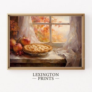 Vintage fall thanksgiving apple pie fall painting oil painting art print displayed in an antique frame against a white background. The painting features intricate brushwork and colors. The shop name Lexington Prints is written out beneath