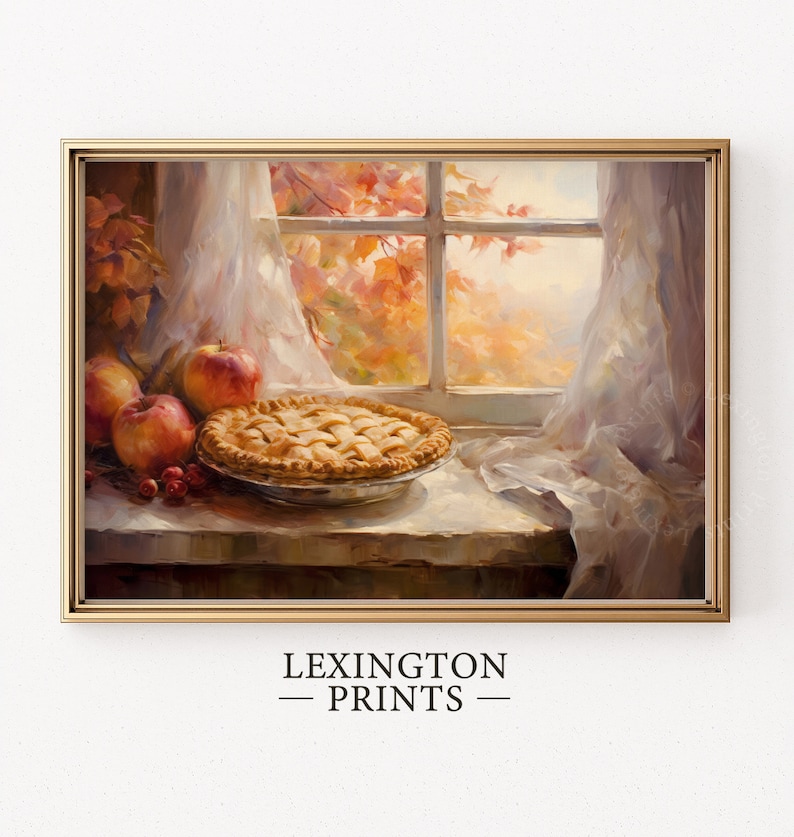 Vintage fall thanksgiving apple pie fall painting oil painting art print displayed in an antique frame against a white background. The painting features intricate brushwork and colors. The shop name Lexington Prints is written out beneath