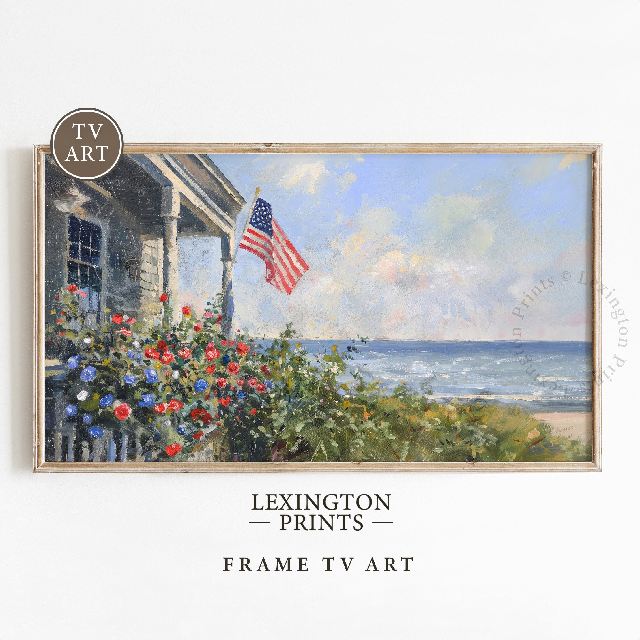 Coastal American Flag TV Art Summer TV Art, 4th of July TV Art Maine Oil Painting, Vintage Summer Decor July 4th Party Digital Download 717