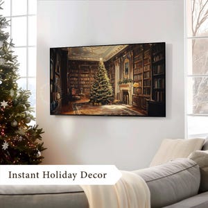 Vintage Christmas TV art of a decorated Christmas tree with presents in a Victorian living room scene. It is designed as Samsung Frame TV art and features nostalgic themes of Christmas and winter. The shop name Lexington Prints is written