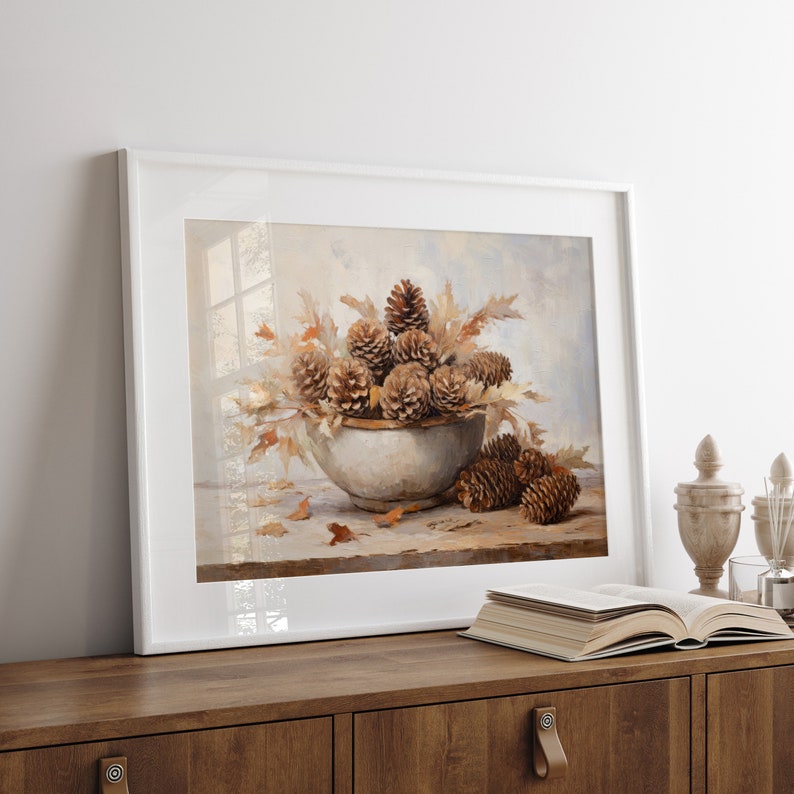 Fall Vintage fall pinecone decor painting oil painting art print displayed in an antique frame against a white background. The painting features intricate brushwork and colors. The shop name Lexington Prints is written out beneath the wall art frame