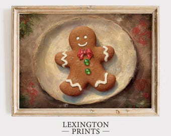 May include: A gingerbread man cookie with a red bow and green sprinkles on a white plate. The plate is on a brown background with a vintage look.