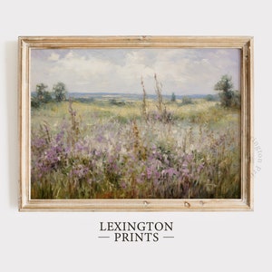 May include: A framed landscape print featuring a field of wildflowers in shades of purple and green under a cloudy sky. The artwork is in a rustic, distressed wooden frame. The text "LEXINGTON PRINTS" is at the bottom.