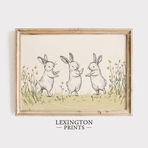 Pastel Dancing Bunny Print, Nursery PRINTABLE Wall Art, Bunny Wall Art Wildflower Field Art, Pastel Nursery Decor Neutral Baby Room Art 1066