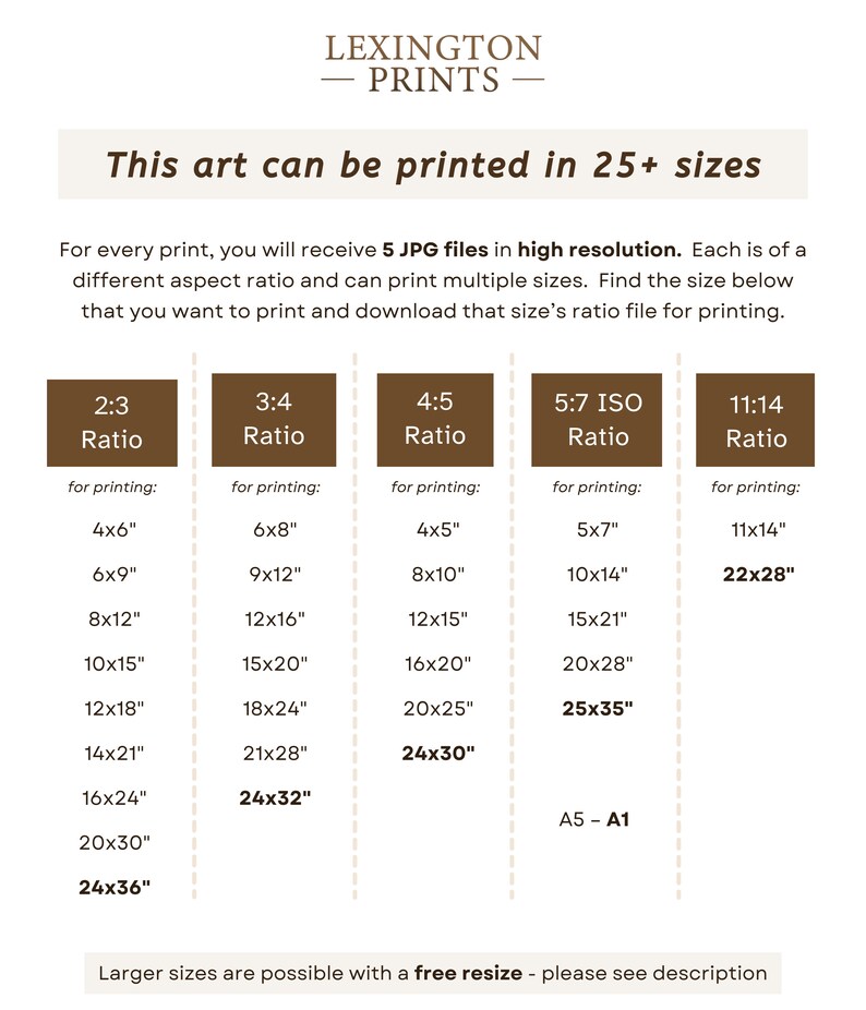 Image details how sizing works for the art print. Each print contains 5 different sizes. For every print, you will receive 5 JPG files in high resolution, each with a slightly different crop. The print comes in 2x3 ratio, 3x4 , 4x5, 5x7, + 11x14