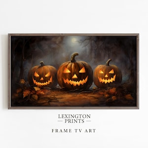 Vintage Halloween Frame TV art for Samsung Frame TV set of 18. This is a bundle of spooky Halloween TV art of jack o lanterns, ghosts, witches, pumpkins, etc and is meant to be displayed in a Frame TV. The shop name Lexington Prints is listed beneath