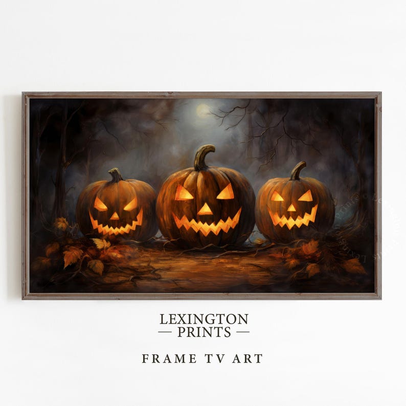Vintage Halloween Frame TV art for Samsung Frame TV set of 18. This is a bundle of spooky Halloween TV art of jack o lanterns, ghosts, witches, pumpkins, etc and is meant to be displayed in a Frame TV. The shop name Lexington Prints is listed beneath