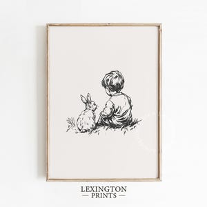 Boy & Bunny Nursery Print, Nursery PRINTABLE Wall Art, Baby Room Sketch, Vintage Nursery Illustration, Rabbit Drawing Nursery Print Art 1146