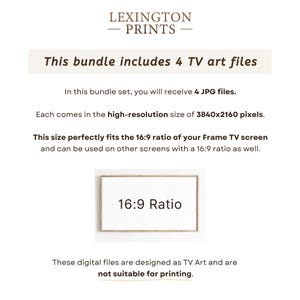 This image describes how the artwork is designed for a Frame TV. You receive 18 JPG files in a 16x9 ratio, which perfectly fits your Samsung Frame TV screen.