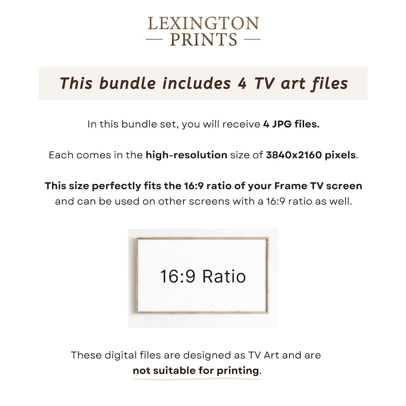 This image describes how the artwork is designed for a Frame TV. You receive 18 JPG files in a 16x9 ratio, which perfectly fits your Samsung Frame TV screen.
