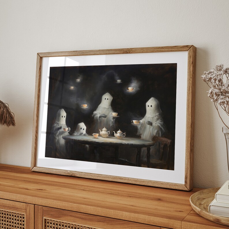 Vintage ghost painting oil painting art print displayed in an antique frame against a white background. The painting features intricate brushwork and colors. The shop name Lexington Prints is written out beneath the wall art frame.