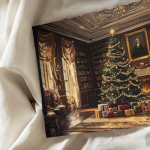 Vintage Christmas wall art print of a Christmas tree and presents in a moody Victorian library living room. It is displayed in an antique frame. The painting features intricate brushwork and colors. The shop name Lexington Prints is written out