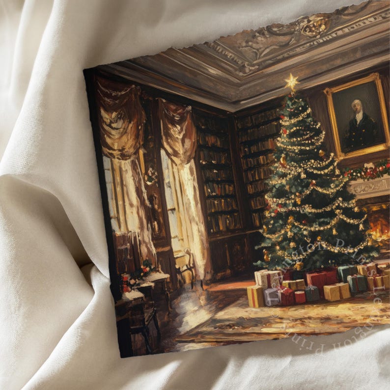 Vintage Christmas wall art print of a Christmas tree and presents in a moody Victorian library living room. It is displayed in an antique frame. The painting features intricate brushwork and colors. The shop name Lexington Prints is written out