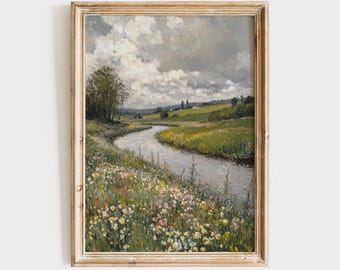 Impresión de paisaje de río melancólico, arte de pared imprimible de primavera, impresión de primavera, arte de pared melancólico, pintura de paisaje oscuro, impresión floral melancólica, flores 1043