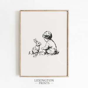 Baby & Bunny Nursery Print, Nursery PRINTABLE Wall Art, Kids Room Sketch, Vintage Nursery Illustration, Rabbit Drawing Digital Download 1145