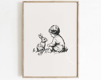 Baby & Bunny Nursery Print, Nursery PRINTABLE Wall Art, Kids Room Sketch, Vintage Nursery Illustration, Rabbit Drawing Digital Download 1145