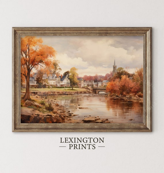 Autumn Town City Art Vintage Landscape Painting Lake American Autumn Decor Moody Art Fall Wall Art Digital Print Earthy Moody Wall Art 120