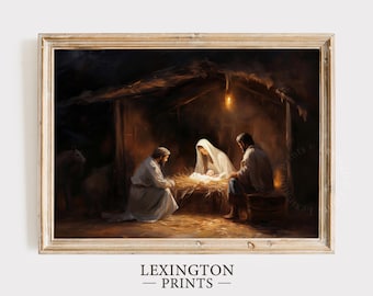 May include: A painting depicting the nativity scene with Mary, Joseph, and the baby Jesus in a dimly lit stable. The figures are dressed in traditional clothing and the scene is illuminated by a single light source.