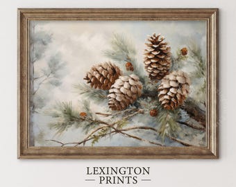 May include: A watercolour painting of pine cones on a branch with a light blue background. The pine cones are brown and have a textured surface. The branches are brown and have a light green colour. The background is a light blue colour with a white haze.