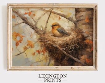 May include: A painting of a small orange and blue bird sitting in a nest made of twigs. The nest is in a tree with brown bark and there are brown leaves in the background.