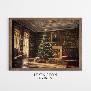 Vintage Christmas wall art print of a Christmas tree and presents in a moody Victorian library living room. It is displayed in an antique frame. The painting features intricate brushwork and colors. The shop name Lexington Prints is written out