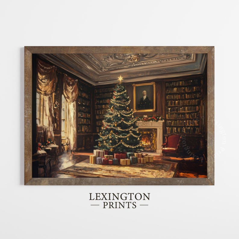 Vintage Christmas wall art print of a Christmas tree and presents in a moody Victorian library living room. It is displayed in an antique frame. The painting features intricate brushwork and colors. The shop name Lexington Prints is written out