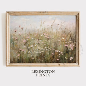 Printable Wildflower Field Landscape Vintage Painting, Pink Spring Print Farmhouse Print Neutral Wall Art Spring Art Digital Download 573