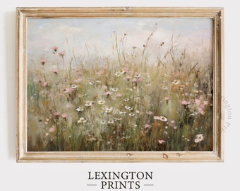 Peinture vintage imprimable de paysage de champ de fleurs sauvages, impression de printemps rose ferme impression neutre art mural printemps art téléchargement numérique 573