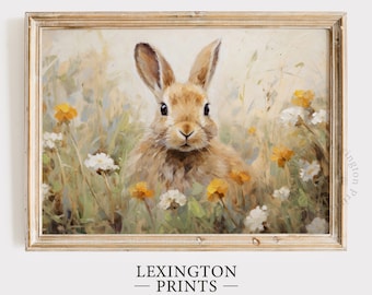 Spring Bunny Rabbit in Wildflower Field Printable, Light Spring Decor, Vintage Farmhouse Print, Vintage Rabbit Painting Spring Print Art 593